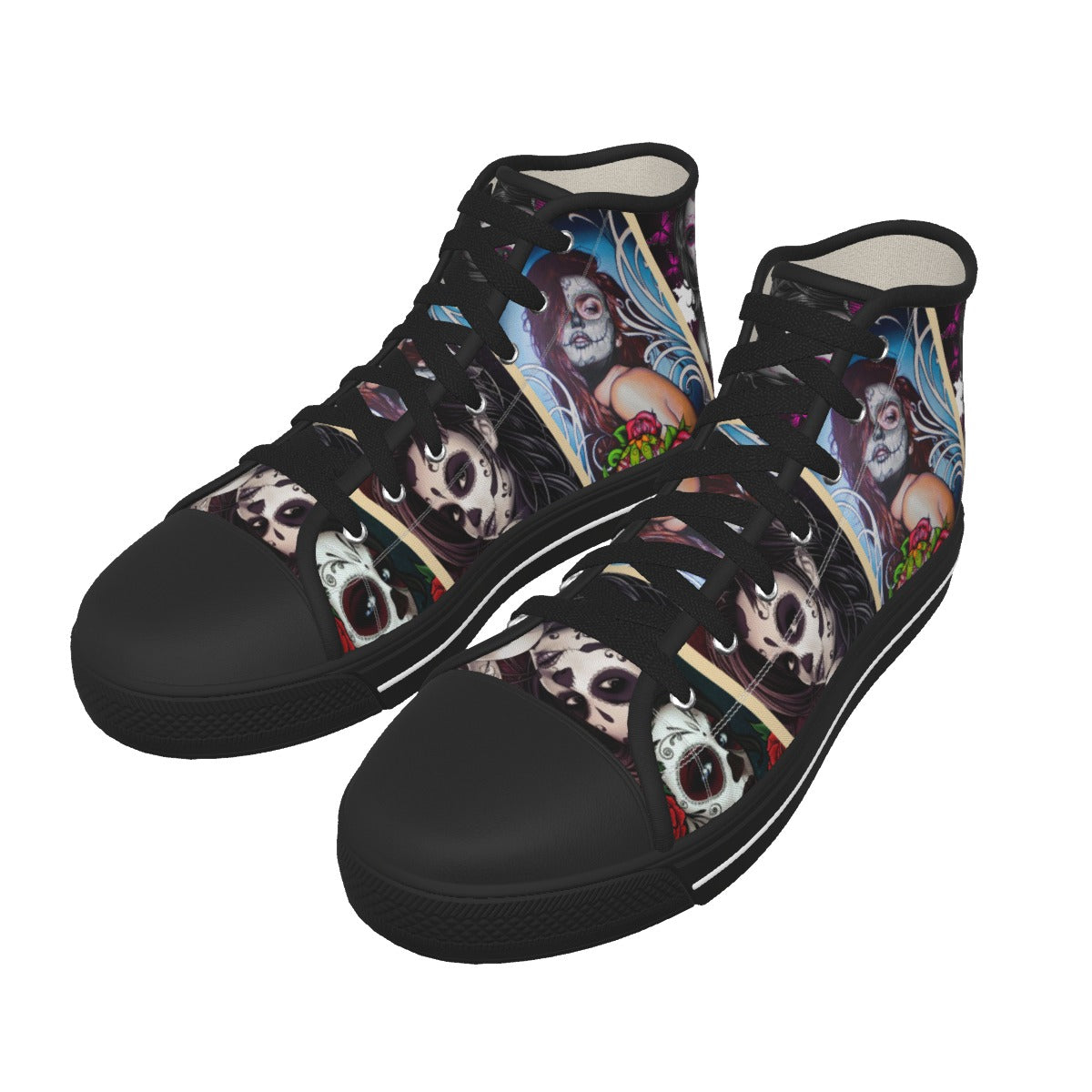 Sugar skull beautiful gilrs Women's Black Sole Canvas Shoes