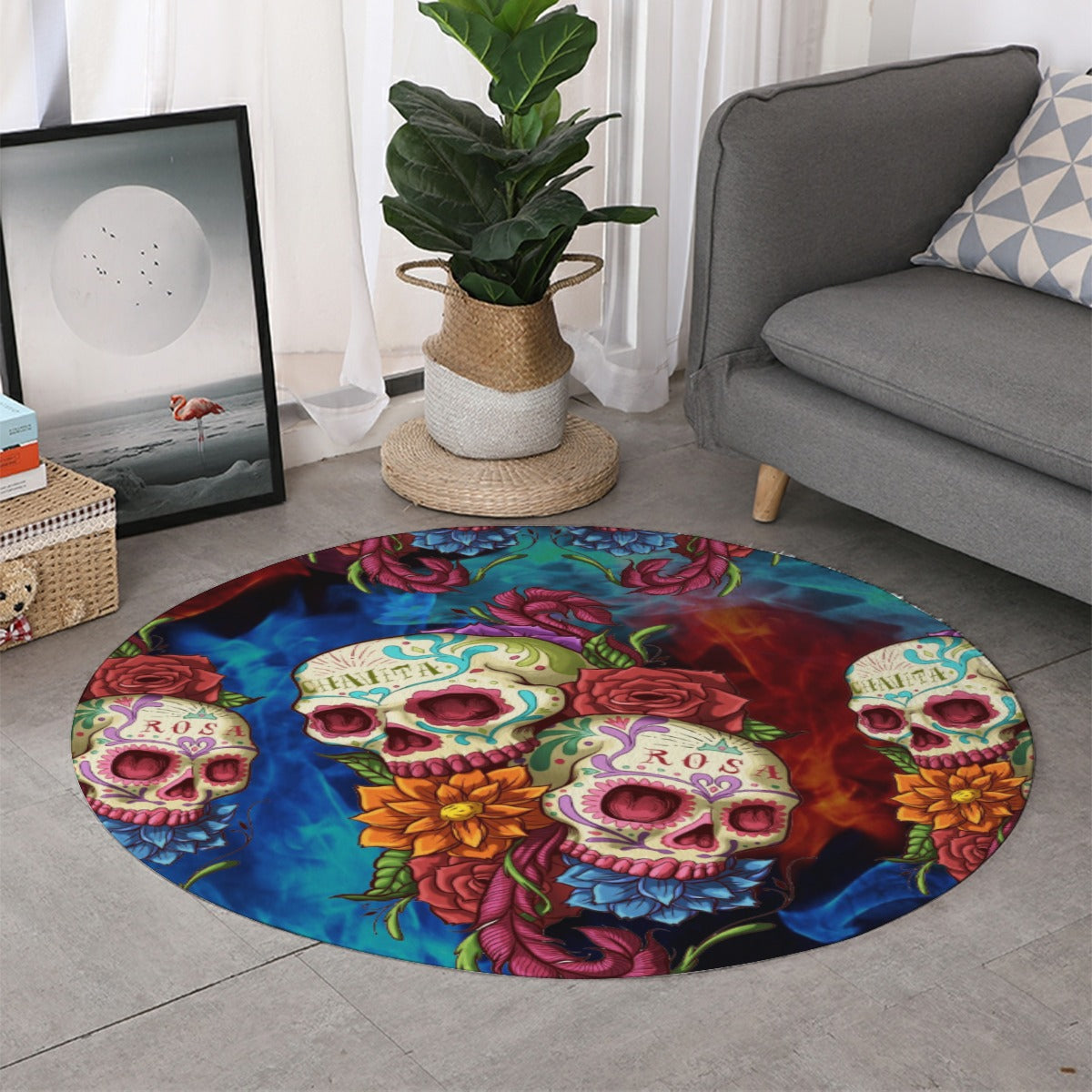 Dia de los muertos Thicken foldable door mat, Sugar skull day of the dead rounded floor mat rugs