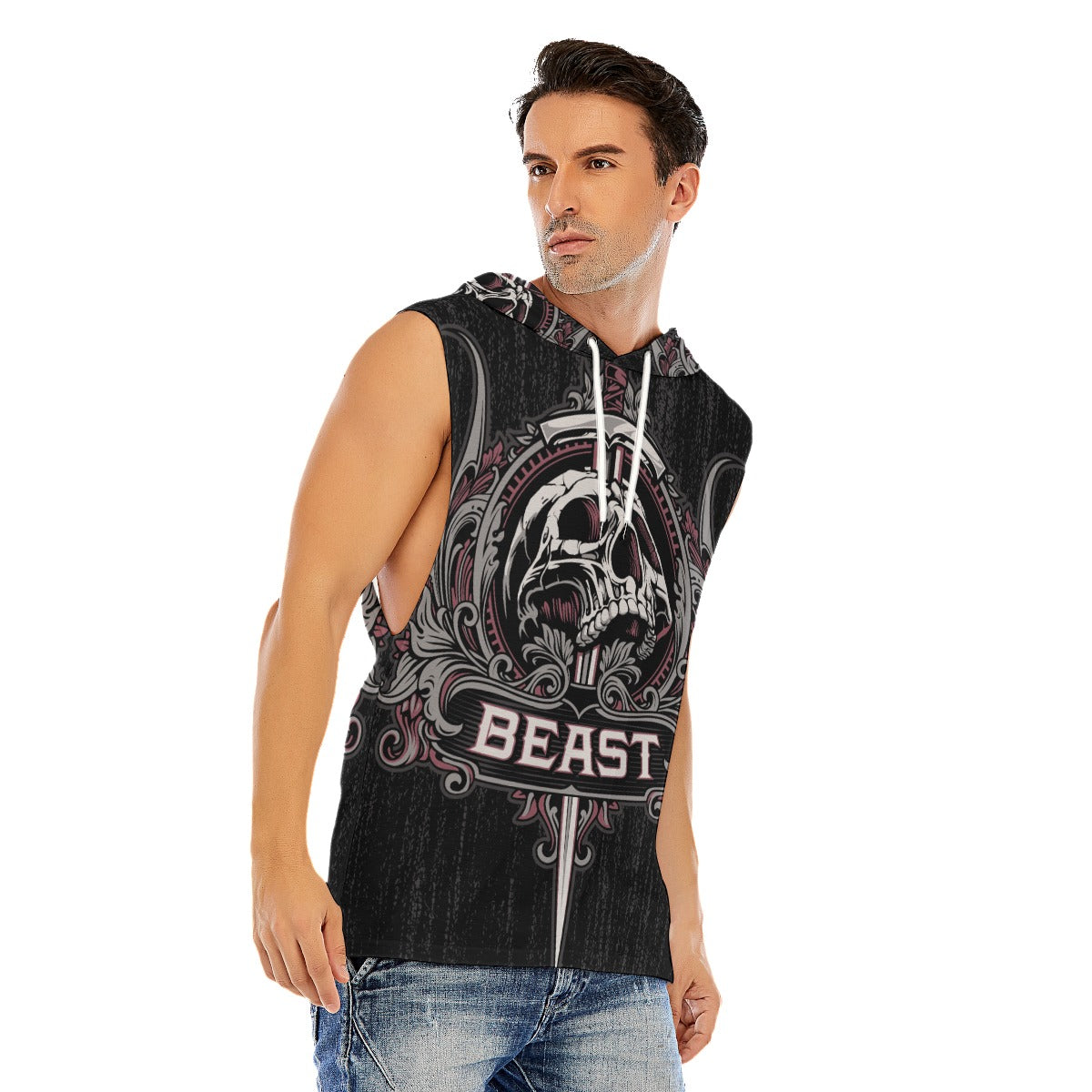 BEAST skull Men’s Hooded Tank Top, Gothic evils skeleton Hooded tank top for men