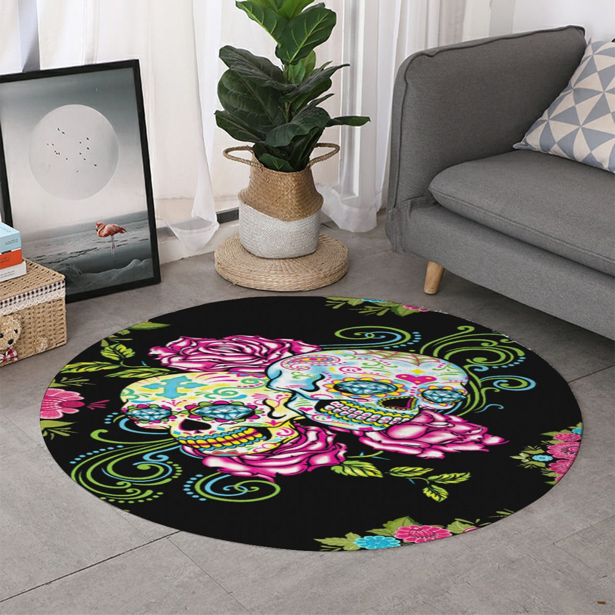 Floral sugar skull Thicken foldable door mat, Halloween gothic skeleton floor rug mat carpet