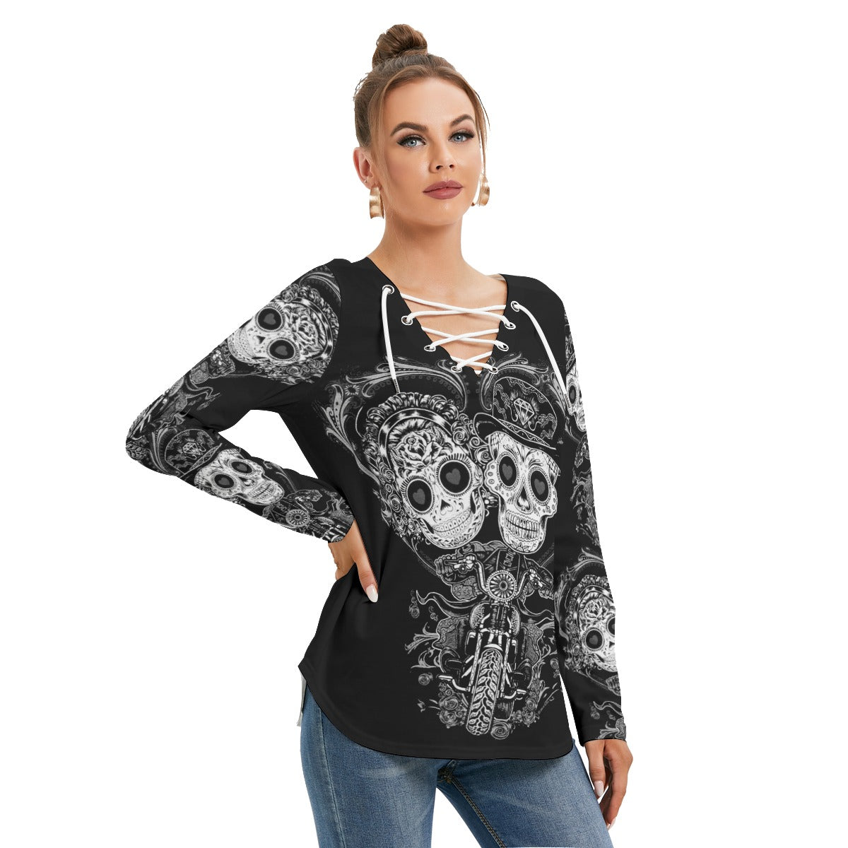 Sugar skull couple Women's Long Sleeve Neckline Tie Sweatshirt