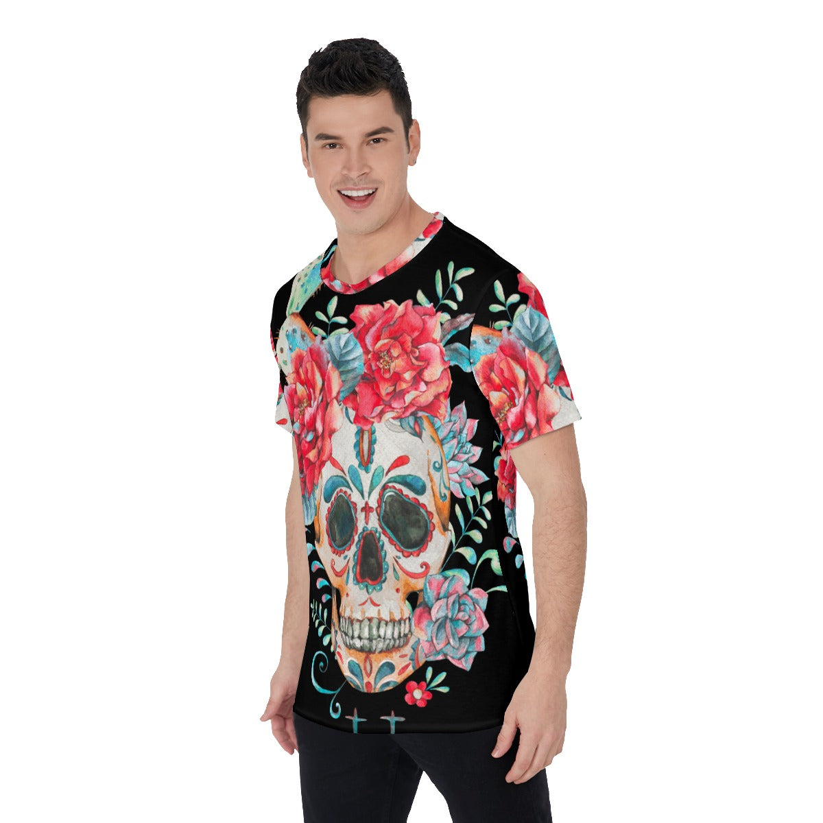 Floral sugar skull Men's O-Neck T-Shirt, Gothic skull skeleton tshirt