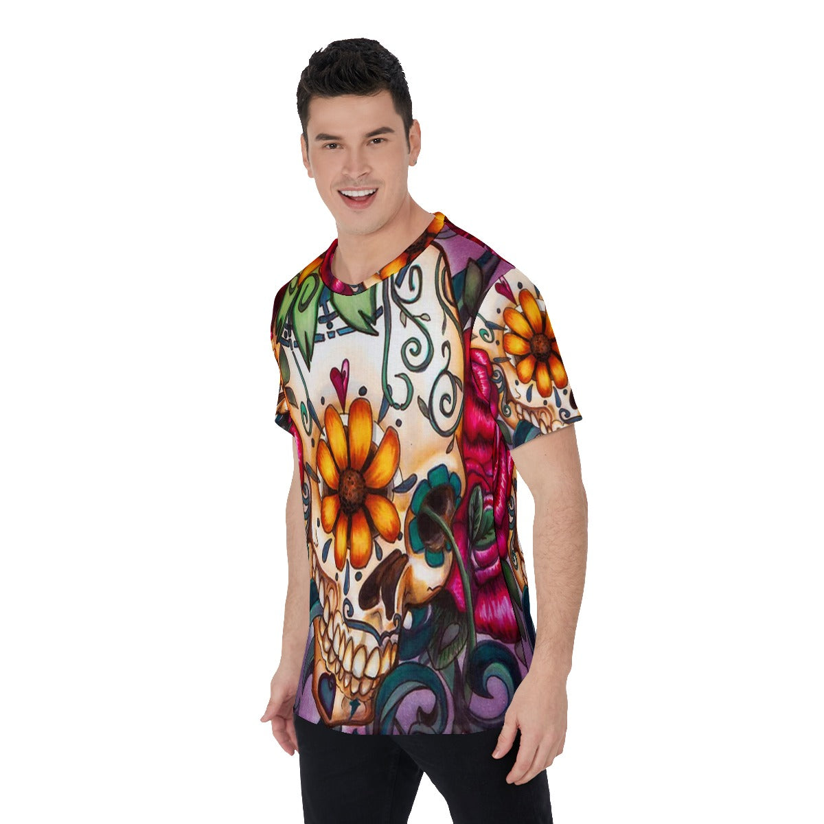 Day of the dead Men's O-Neck T-Shirt, Sugar skull floral tshirt, Gothic Halloween costume