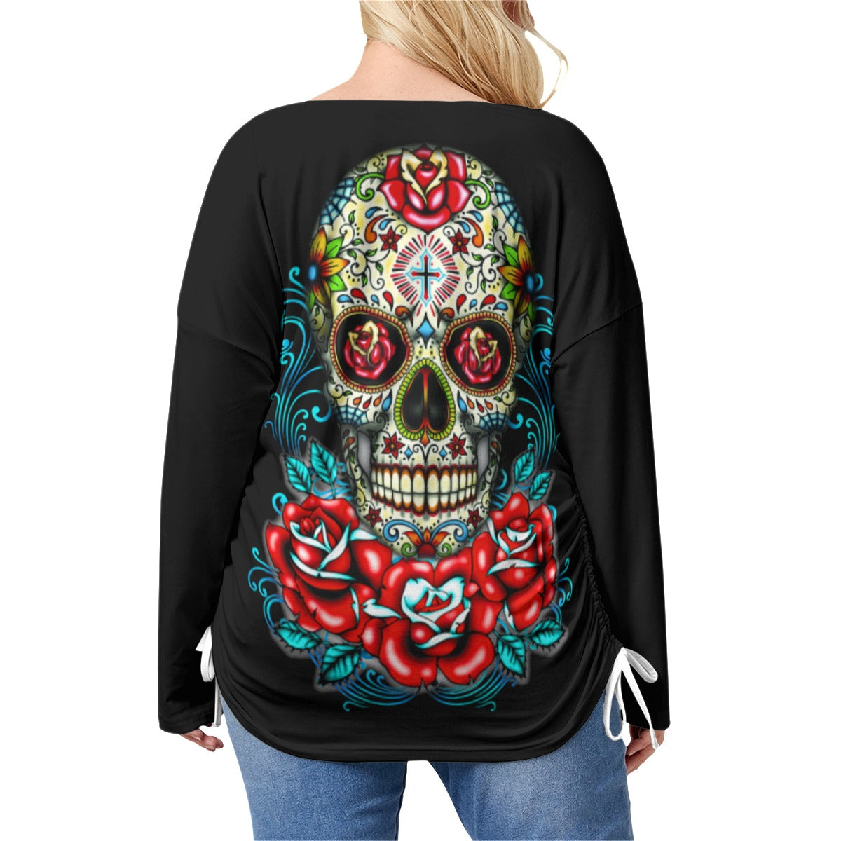 Day of the dead skull Women’s V-neck T-shirt With Side Drawstring(Plus Size)