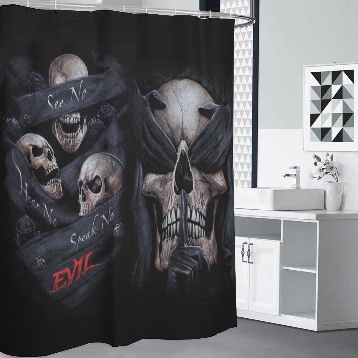 No see no hear no speak evil halloween skull Shower Curtains