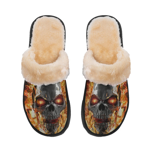 Fire skull Women's Home Plush Slippers, Flaming skull skeleton Sandals flip flops shoes