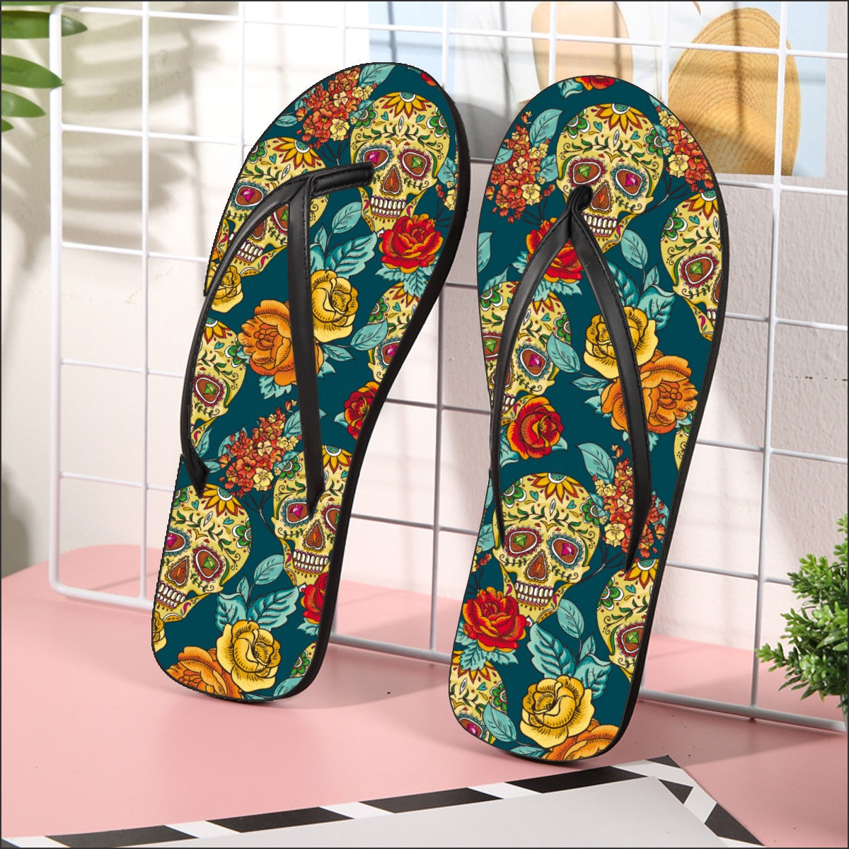 Dia de los muertos Women's Flip Flops, sugar skull Day of the dead Mexican skull sandals flip flops