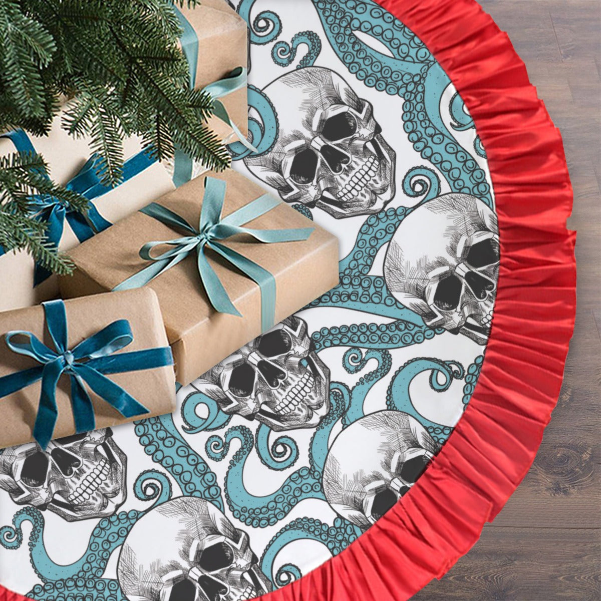 Halloween skull skeleton Red Christmas Tree Skirt