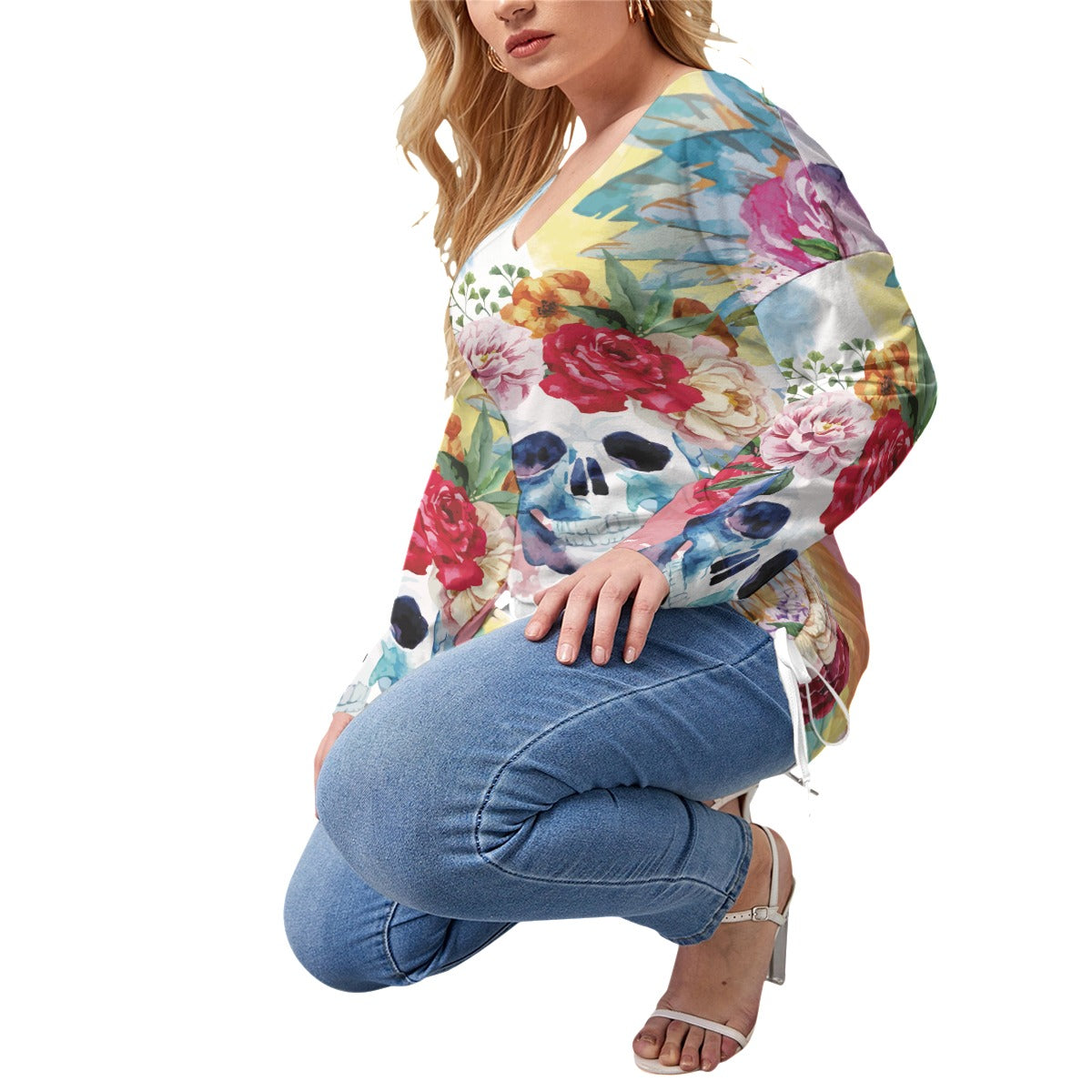 Floral skull Women’s V-neck T-shirt With Side Drawstring, sugar skull shirt
