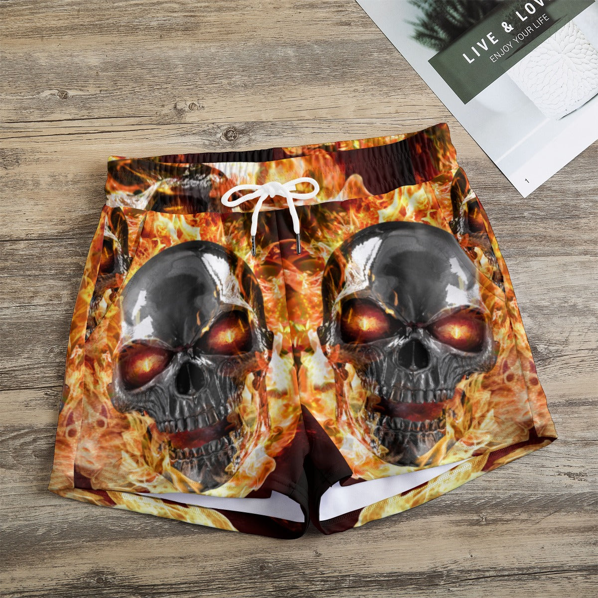 Flaming skull Women's Casual Shorts, Skull in Fire gothic women's shorts