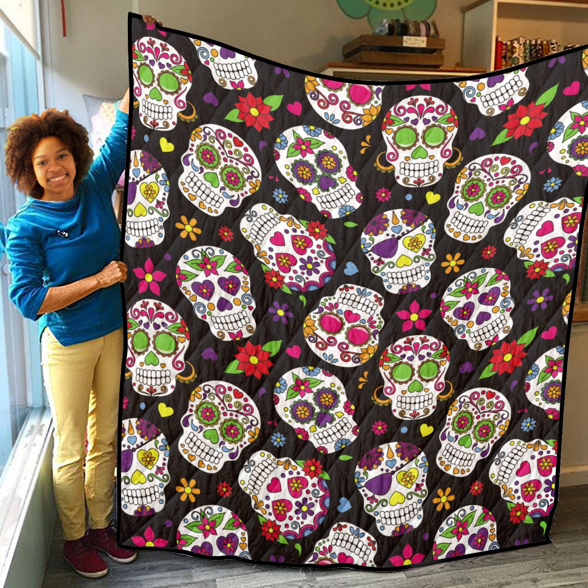 Dia de los muertos sugar skull Household Lightweight & Breathable Quilt, Gothic skeleton Blanket