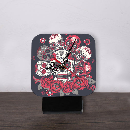 Floral sugar skull Square Shape Wood Clock
