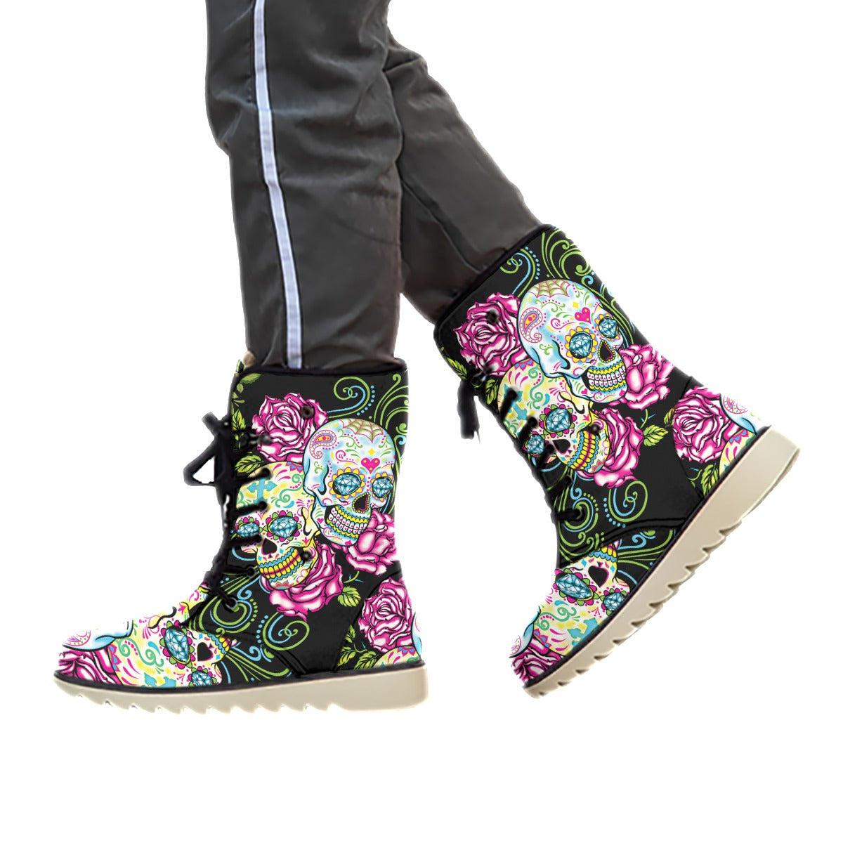 Sugar skull Day of the dead Women's Plush Boots, Floral skull boots