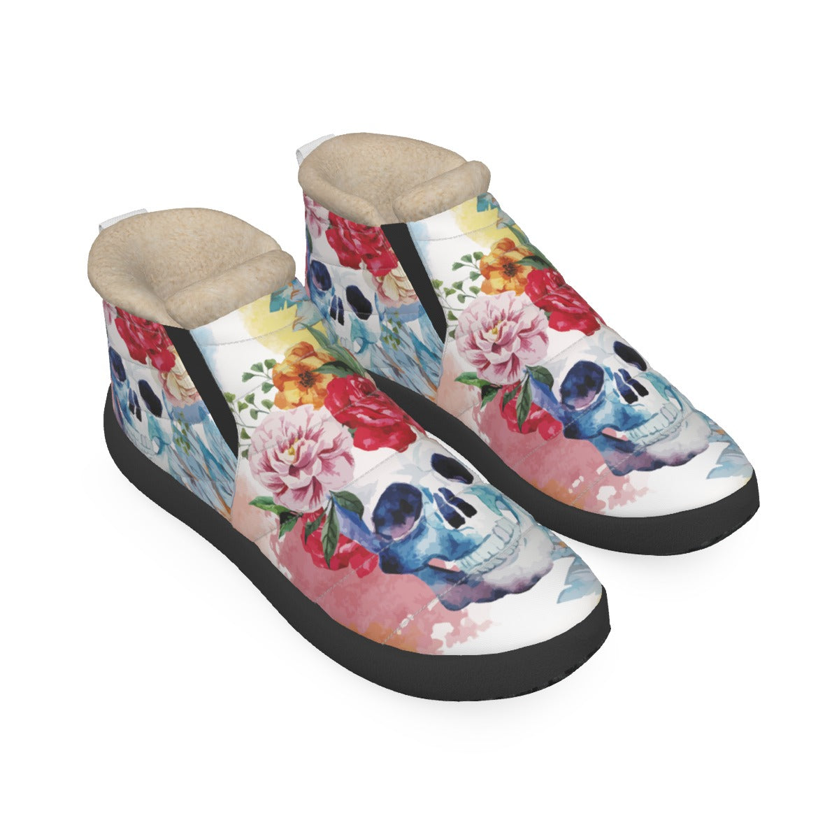 Floral skull Women's Plush Boots, Rose skull boots, skull shoes boots