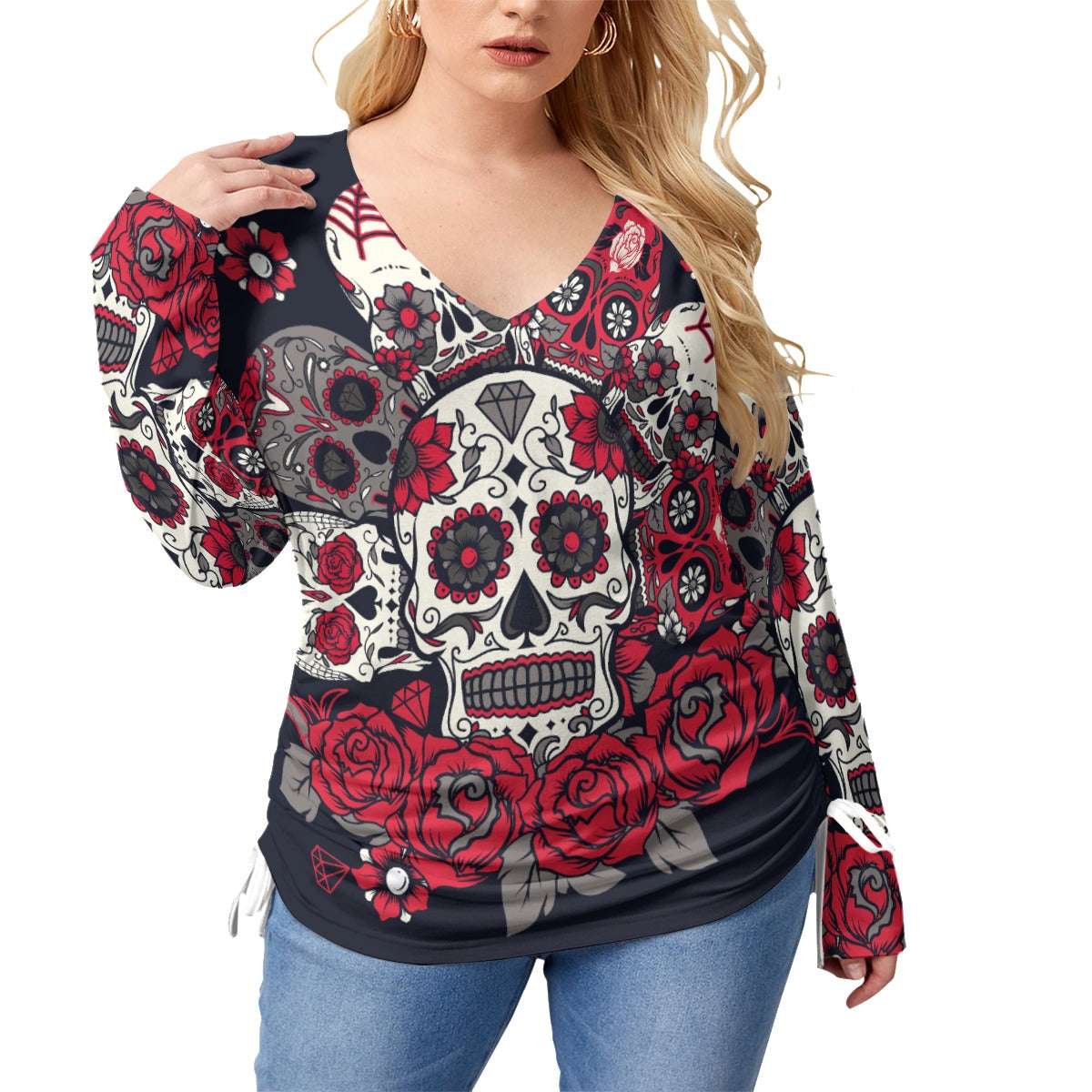 Floral sugar skull pattern Women’s V-neck T-shirt With Side Drawstring(Plus Size)