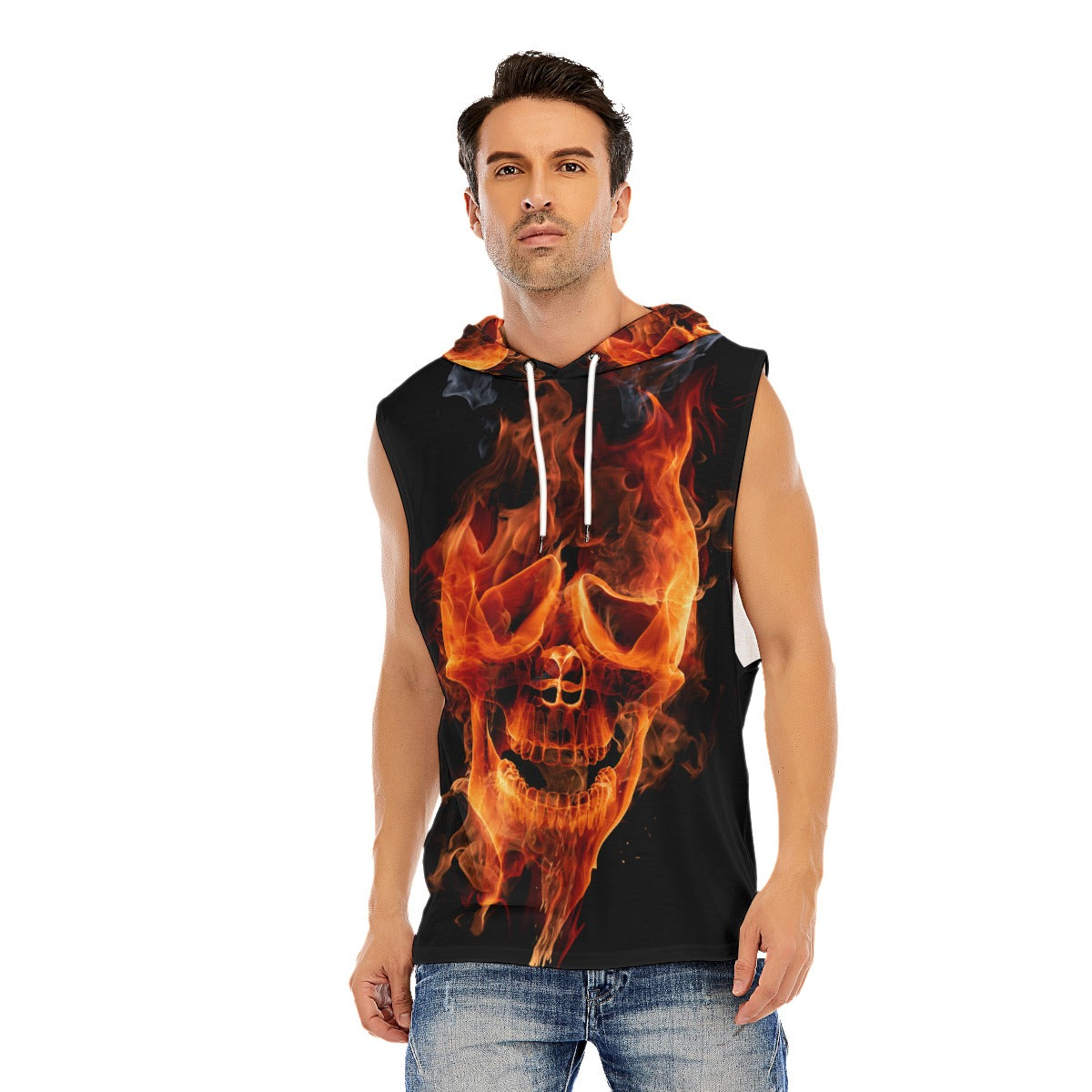 Flaming skull Men’s Hooded Tank Top, Gothic fire skeleton Hooded tank top for men