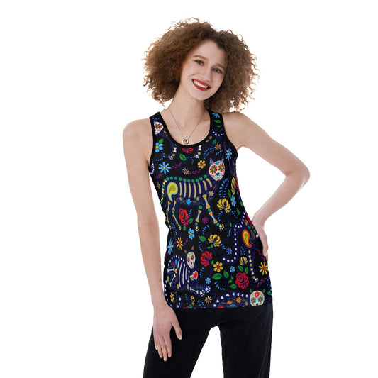 Women's Back Hollow Tank Top Sugar skull cat
