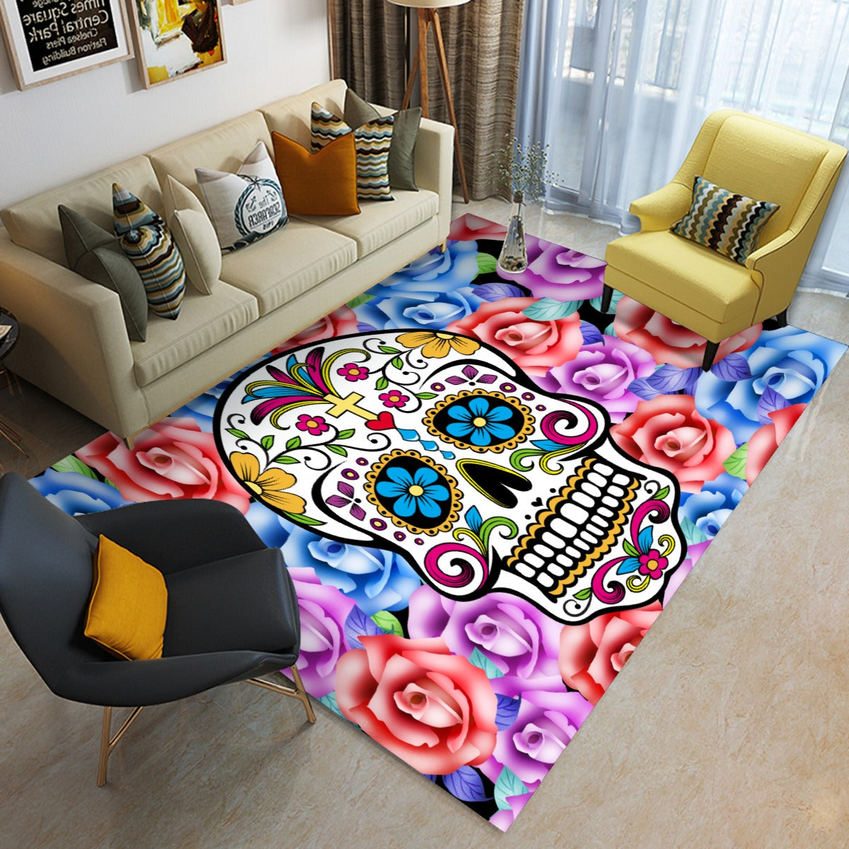 Sugar skull day of the dead Rectangular Floor Mat, Dia de los muertos skeleton carpet rug mat