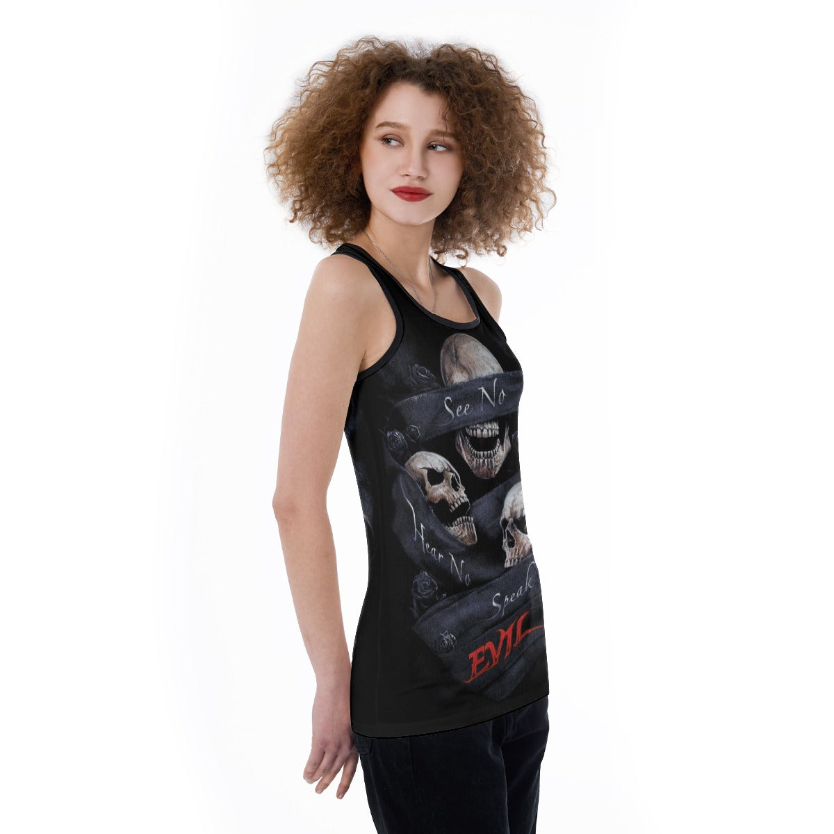 Evils no see no hear no speak skull Women's Back Hollow Tank Top