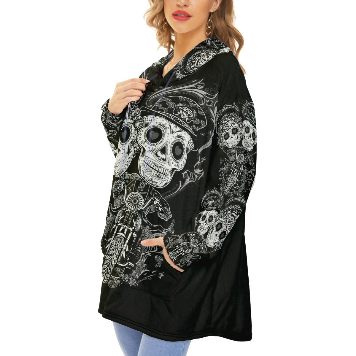 Sugar skull couple Unisex Flannel Fleece Blanket With Pocket