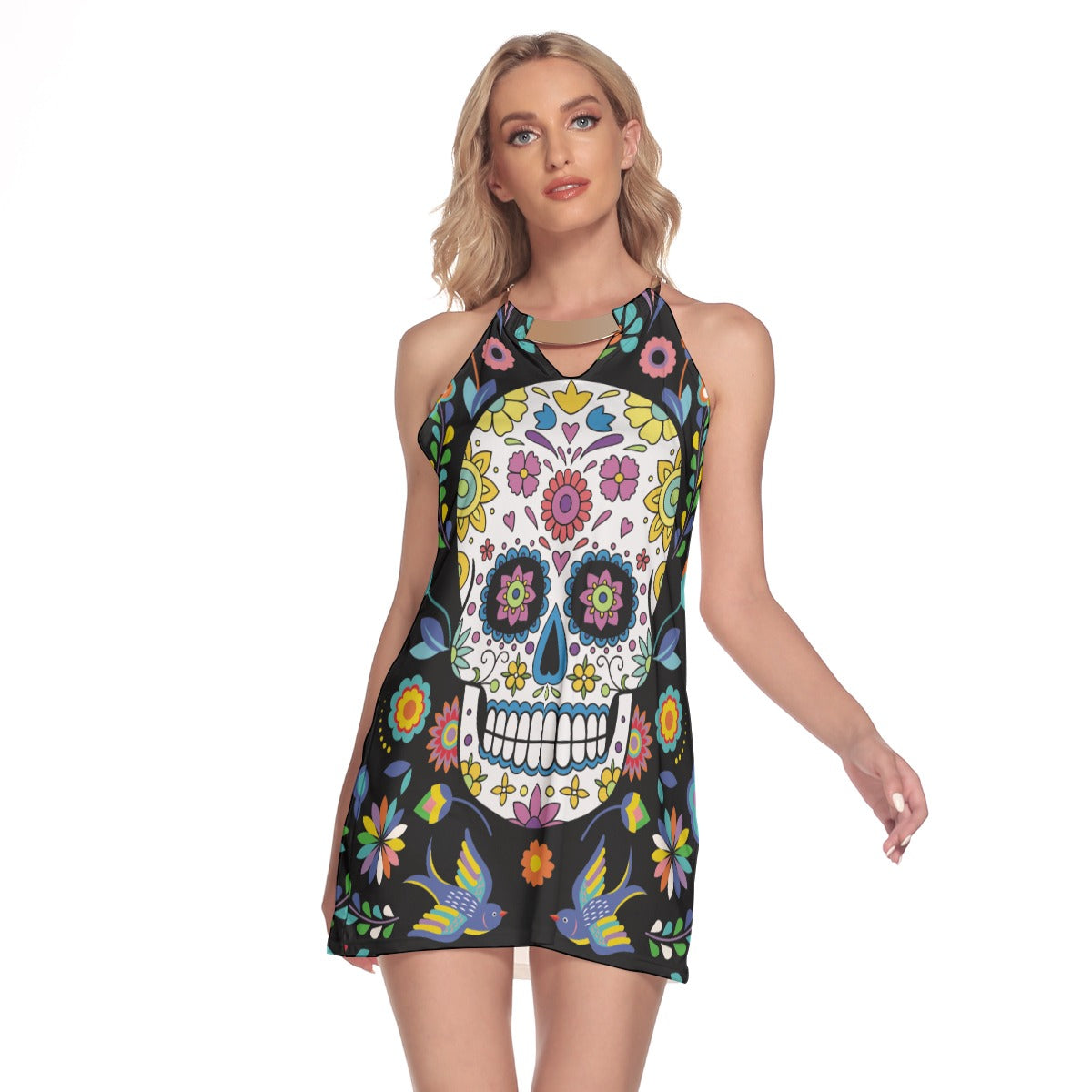 Sugar skull Mexican calaveras skull Women's Round Neck Above Knee Dress
