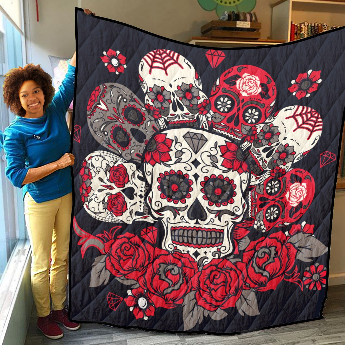 Floral rose sugar skull day of the dead Household Lightweight & Breathable Quilt