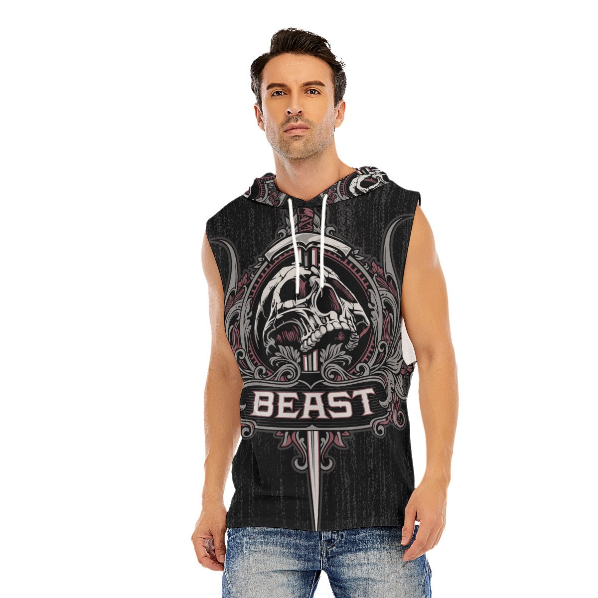 BEAST skull Men’s Hooded Tank Top, Gothic evils skeleton Hooded tank top for men