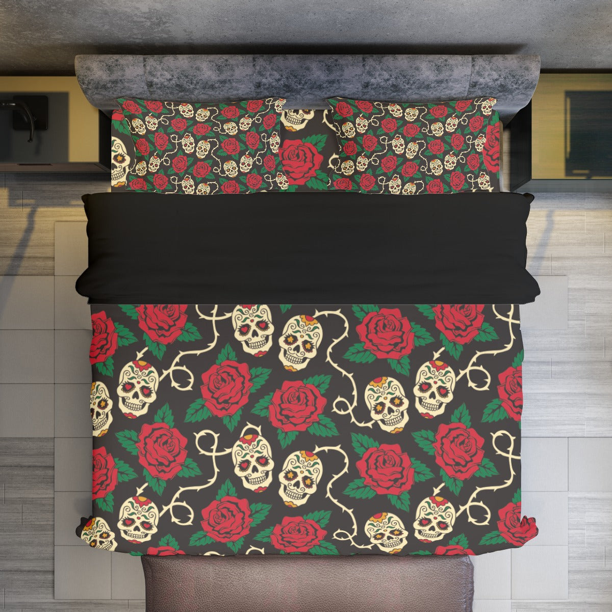 Rose floral sugar skull dia de los muertos Four-piece Duvet Cover Set