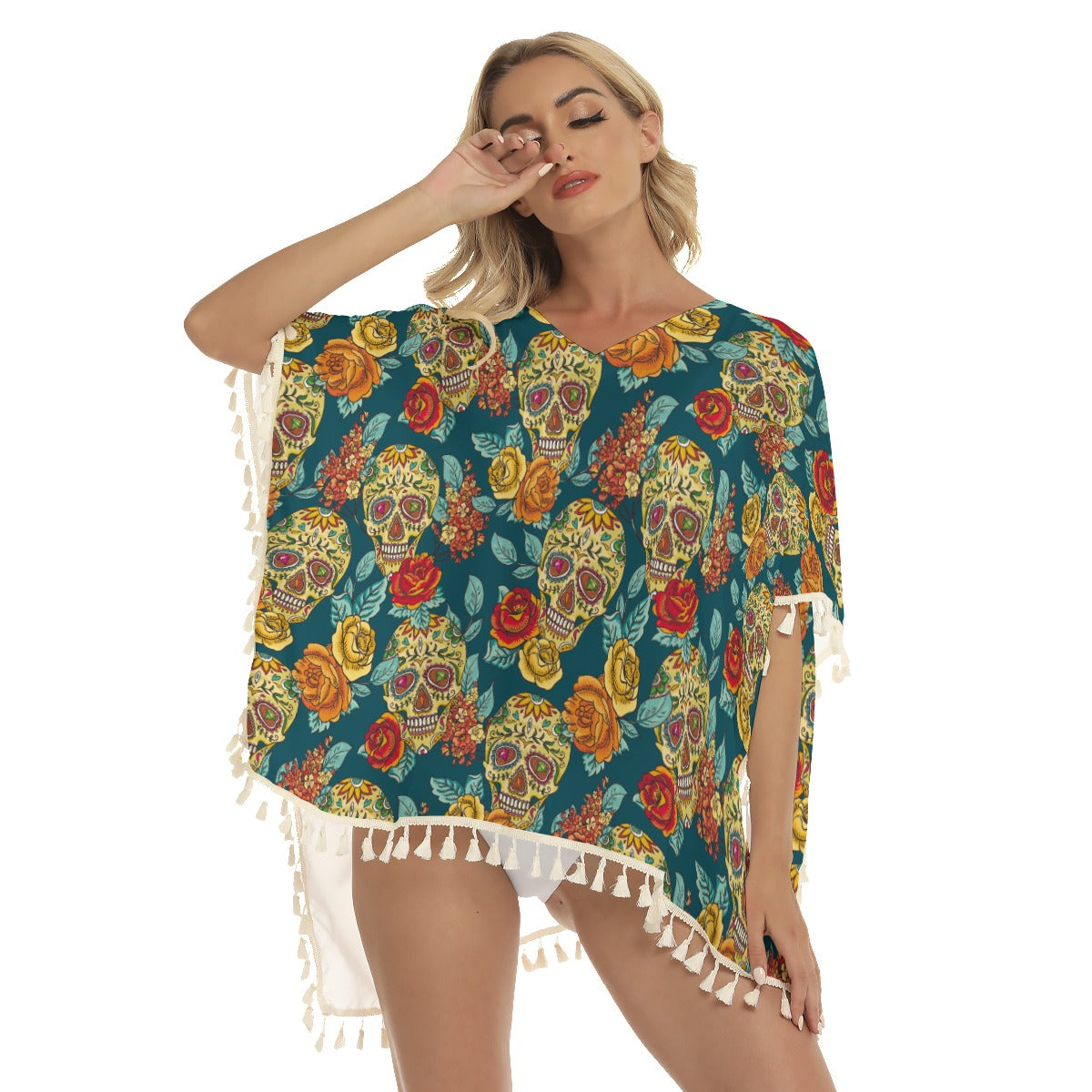 Sugar skull pattern Women's Square Fringed Shawl