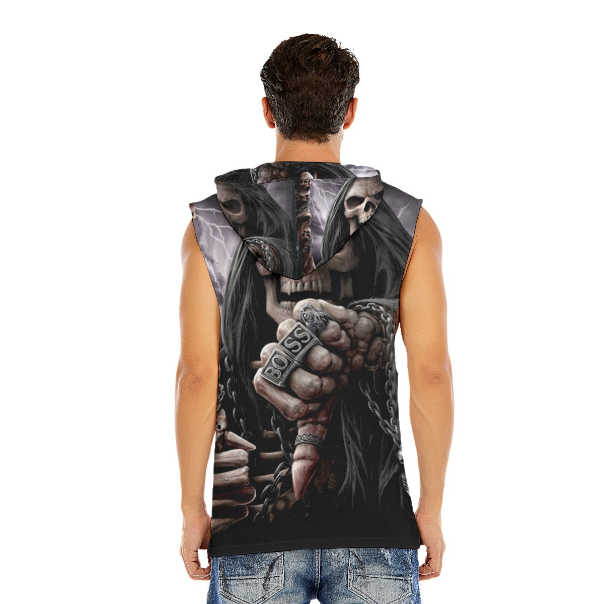 Gothic skull Halloween Men’s Hooded Tank Top, Skeleton Men's tank top, skull hoodie, Horror hooded