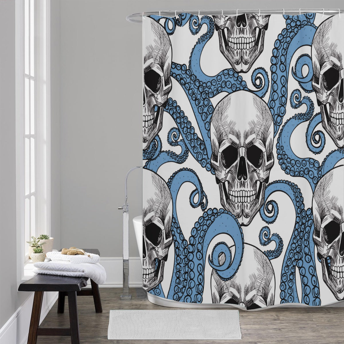 Gothic skull halloween skeleton Shower Curtains 150（gsm), Grim reaper horror skull shower curtain
