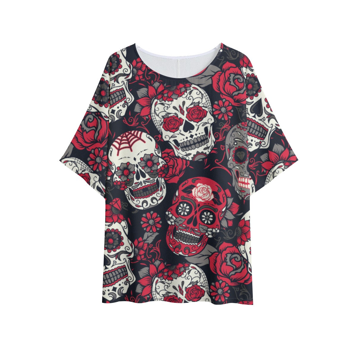 Sugar skull All-Over Print Women's T-shirt with Bat Sleeve