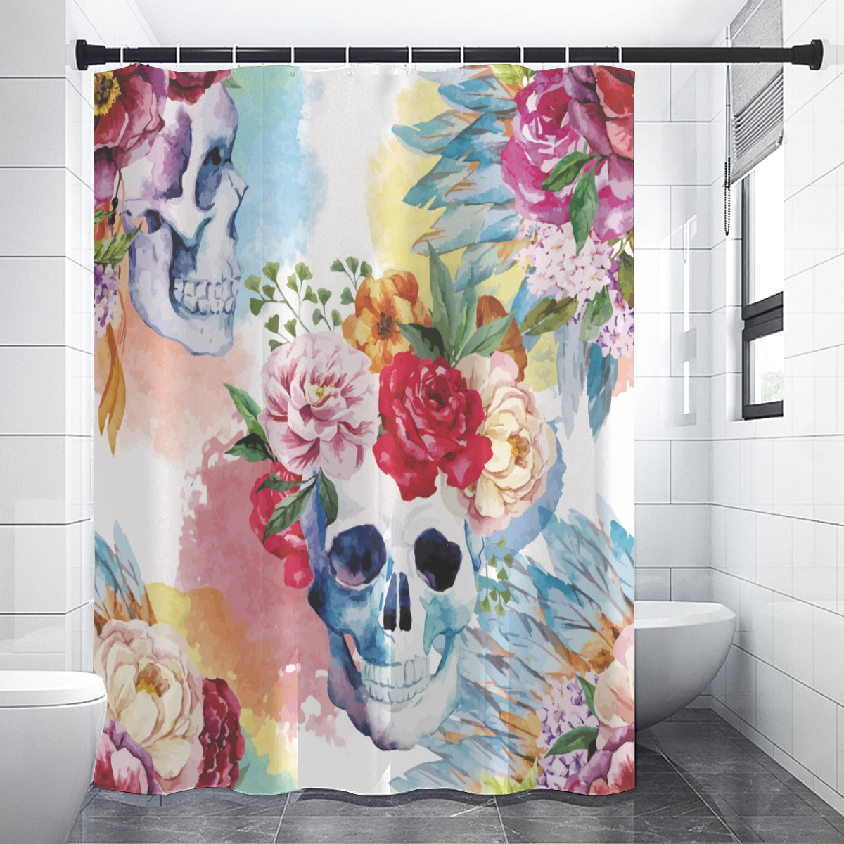 Floral sugar skull Shower Curtains, Day of the dead skull shower curtains, gothic skeleton curtain