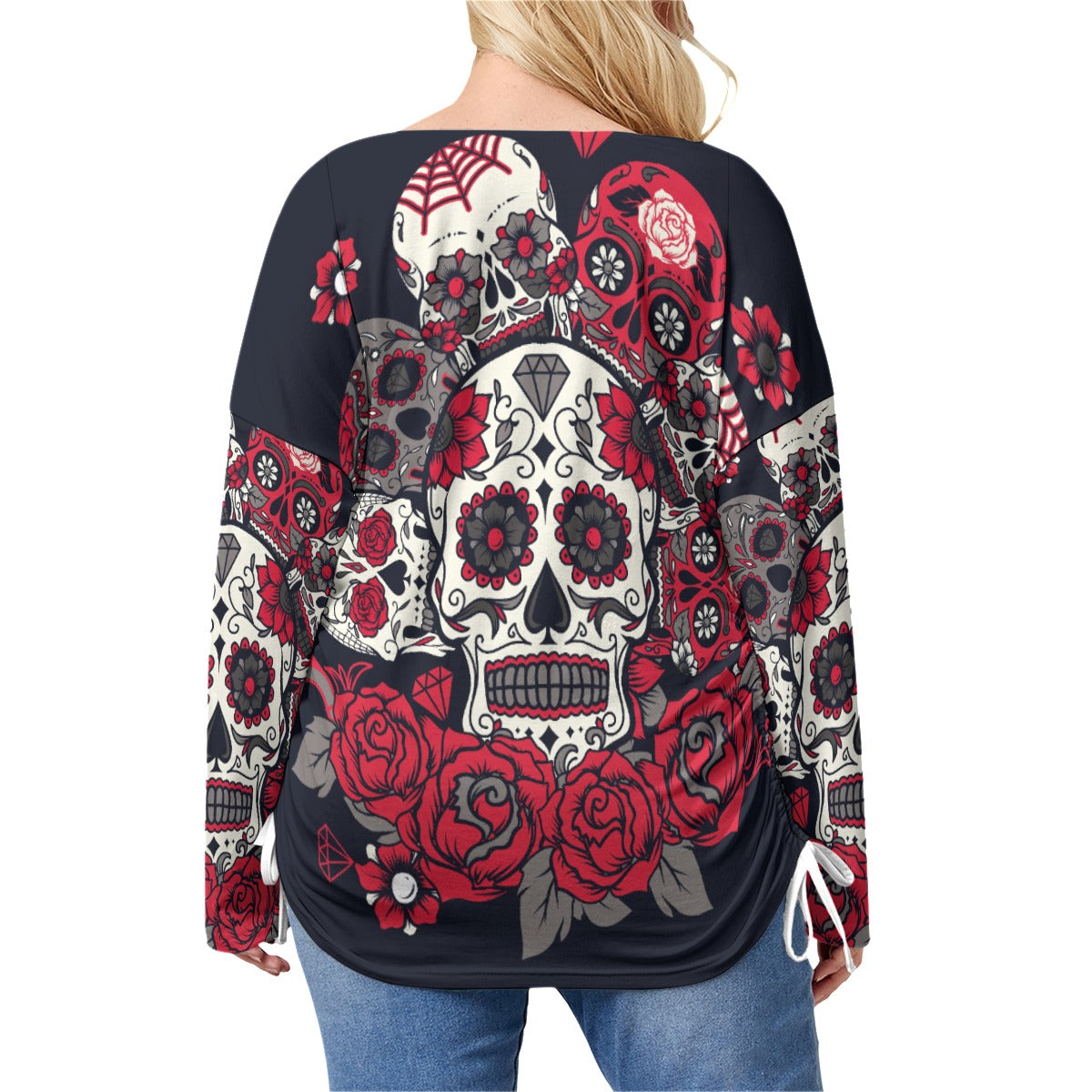 Floral sugar skull pattern Women’s V-neck T-shirt With Side Drawstring(Plus Size)