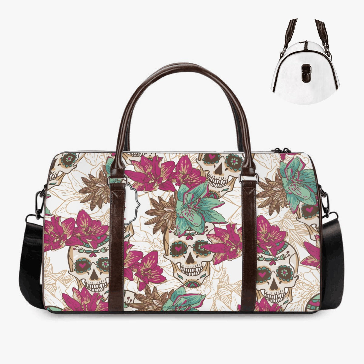 Floral skull duffel bag, evil weekender bags, skeleton weekender bags, motorcycle skull handbag, skull Overnight Bag, flaming skull travel bag