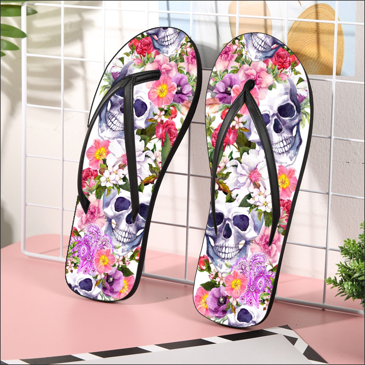 Rose skull gothic Women's Flip Flops, Floral sguar skull women's sandals flip flop shoes