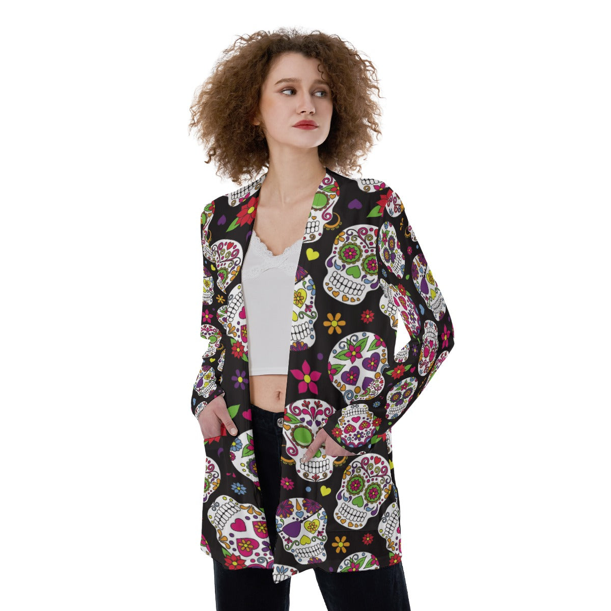 Sugar skull All-Over Print Women's Patch Pocket Cardigan