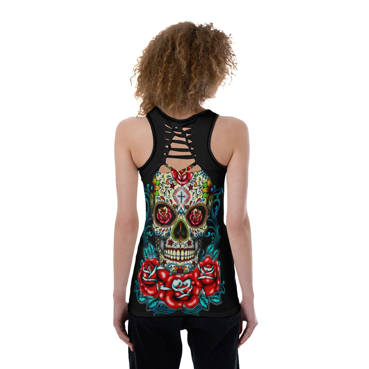 Floral sugar skull day of the dead Print Women's Back Hollow Tank Top