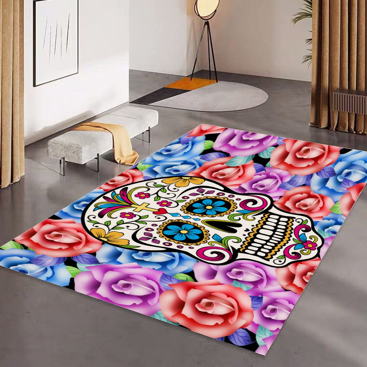Sugar skull day of the dead Rectangular Floor Mat, Dia de los muertos skeleton carpet rug mat