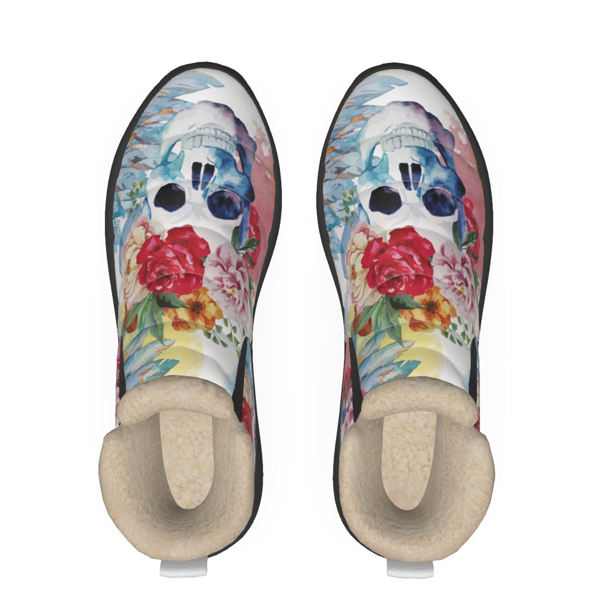 Floral skull Women's Plush Boots, Rose skull boots, skull shoes boots