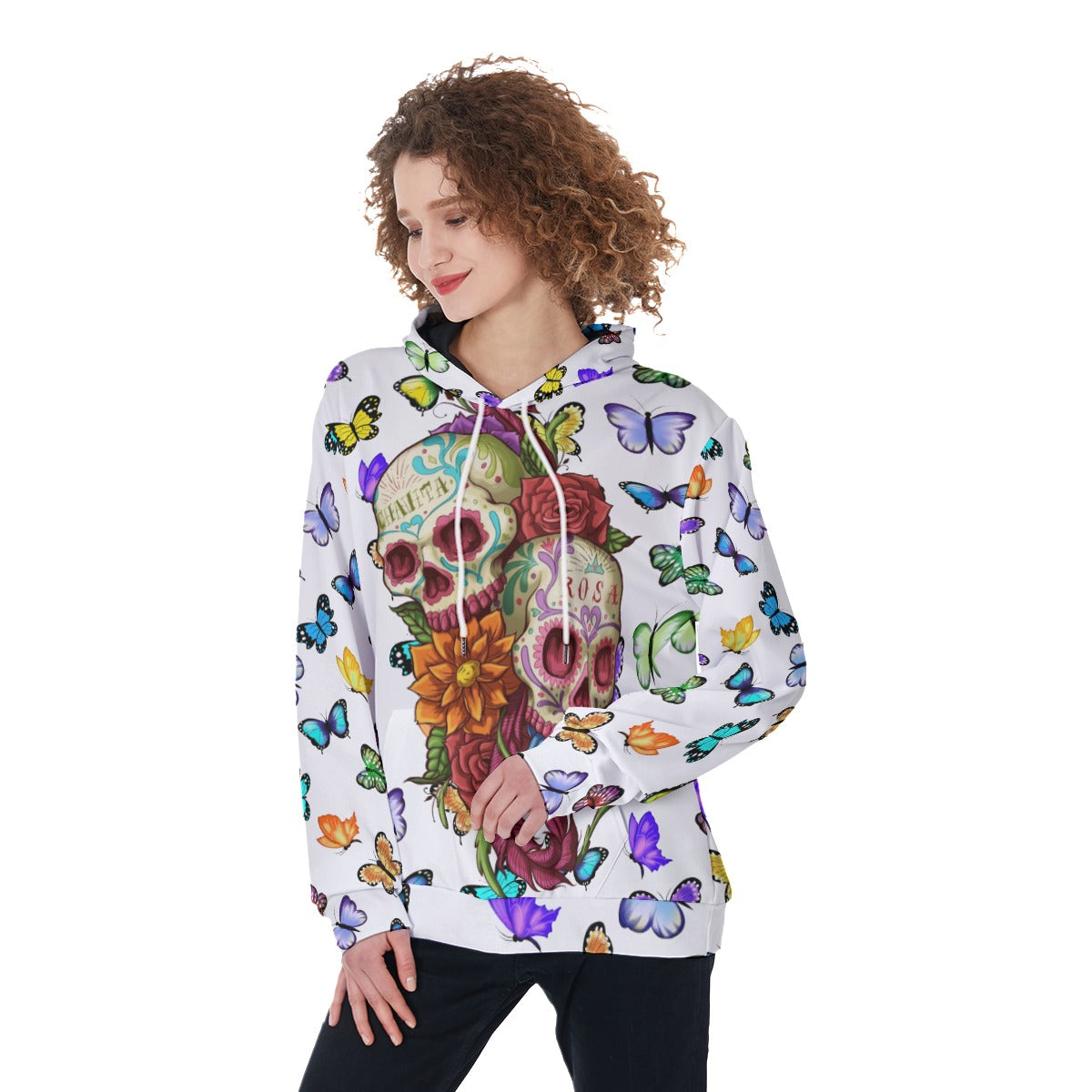 Butterfly pattern sugar skull Women's Pullover Hoodie