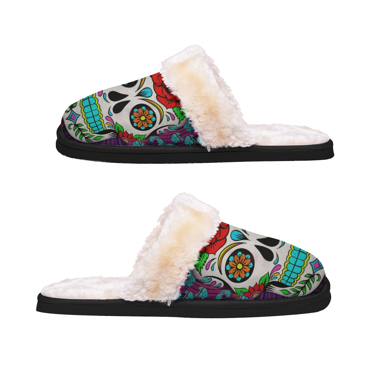 Sugar skull Dia de los muertos skull Women's Home Plush Slippers, Mexican calaveras sandals