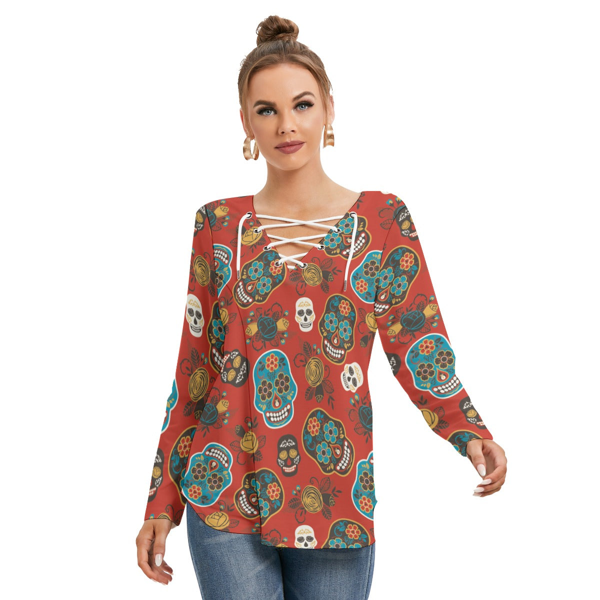 Sugar skull day of the dead Women's Long Sleeve Neckline Tie Sweatshirt