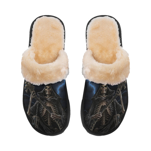 Grim reaper flaming skull Halloween Women's Home Plush Slippers