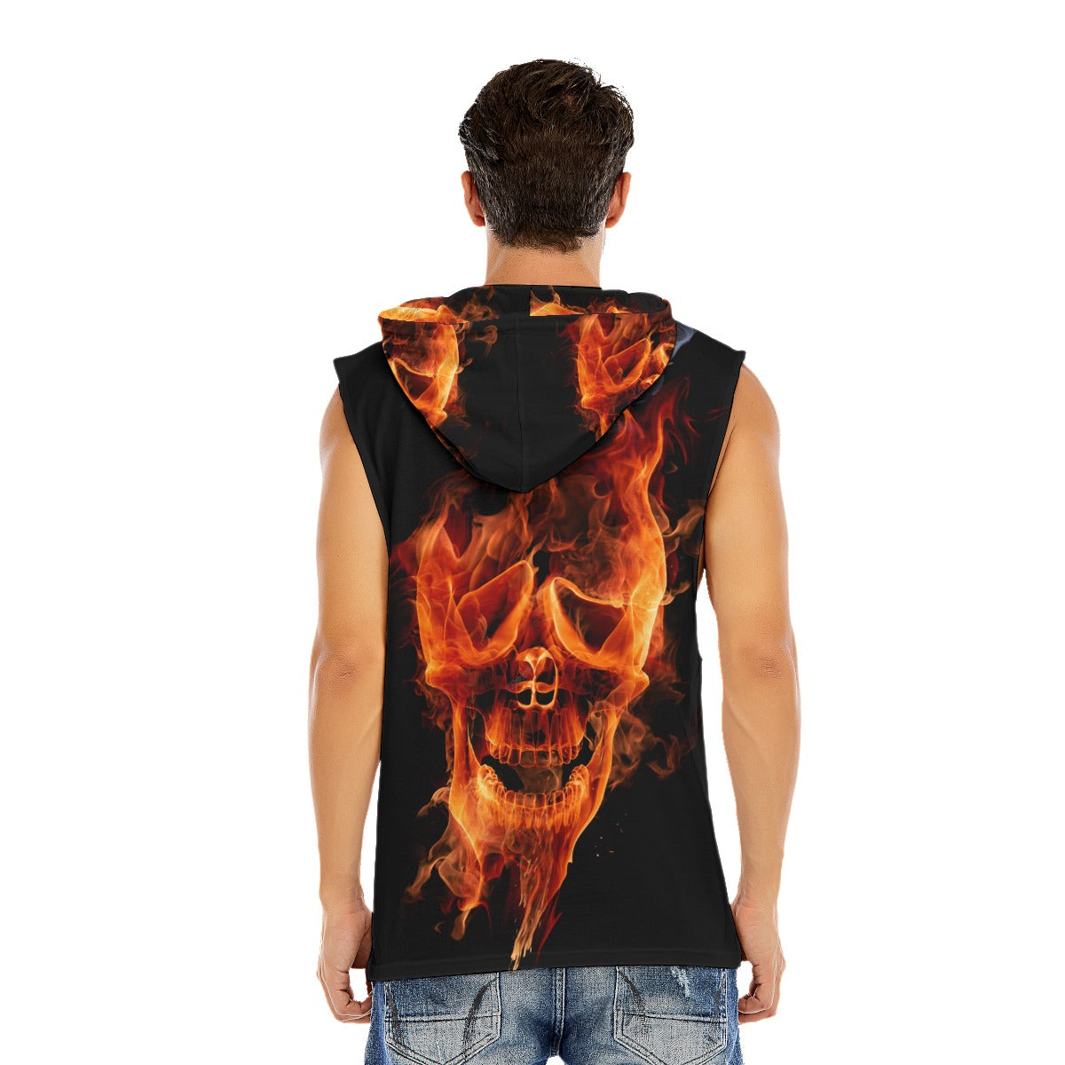 Flaming skull Men’s Hooded Tank Top, Gothic fire skeleton Hooded tank top for men