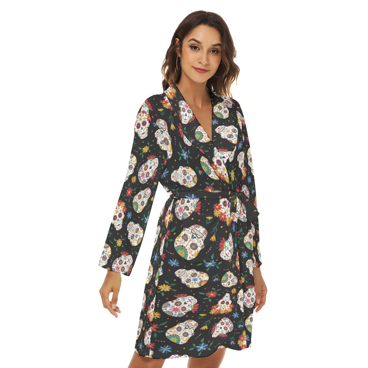 Floral sugar skull day of the dead Women's Robe
