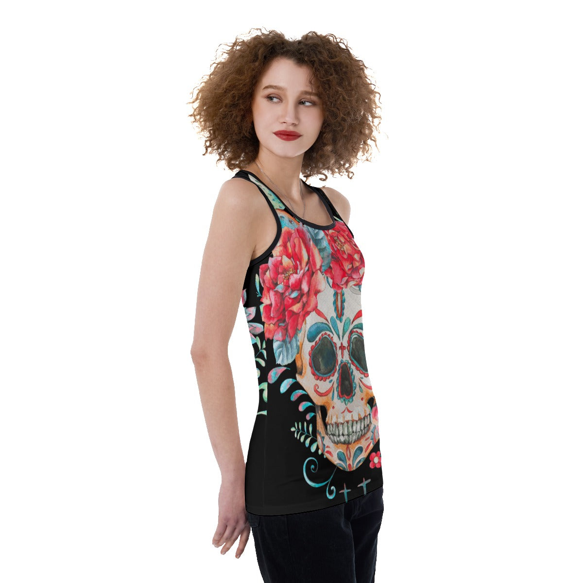 Floral skull Halloween skeleton Women's Back Hollow Tank Top