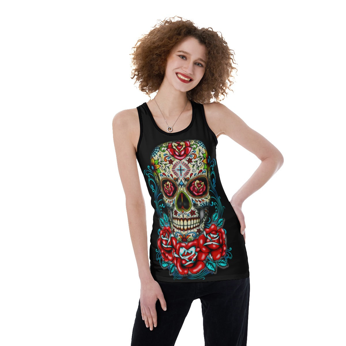 Floral sugar skull day of the dead Print Women's Back Hollow Tank Top