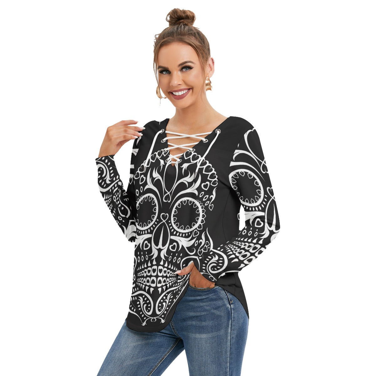 Day of the dead skull Women's Long Sleeve Neckline Tie Sweatshirt