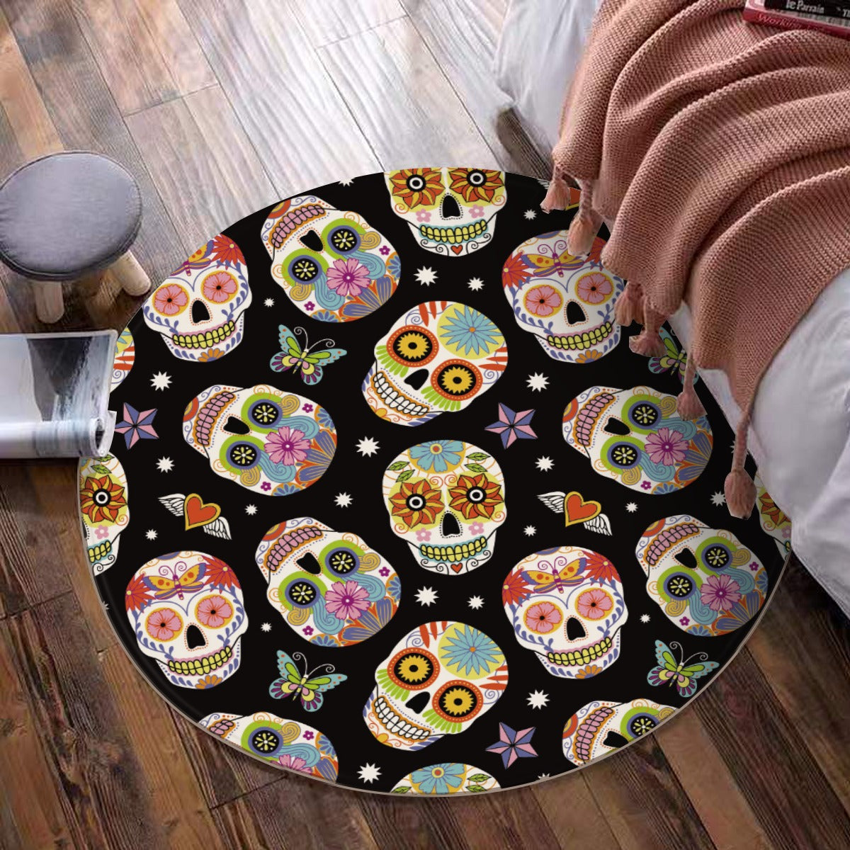 Sugar skull floral pattern Foldable round mat